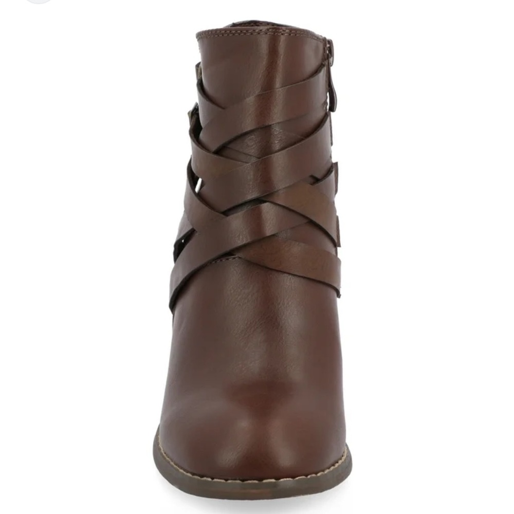 Brown Faux Leather Multi Strap Buckle Ankle Boots Block Heel‎ 20277 Zip Up